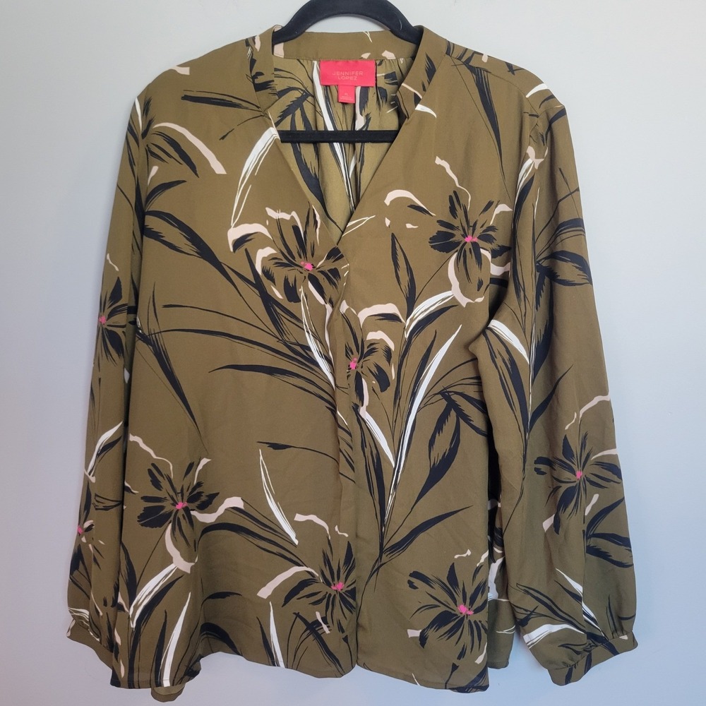 Jennifer Lopez Womens XL Olive Green Floral V-Neck Long Sleeve Blouse Top